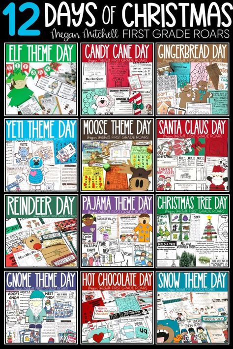 I am so excited to use these PAPER HOLIDAY THEME days this winter. This bundle includes elf, reindeer, candy cane, snow, pajama, moose, gnome, hot chocolate, Santa, Christmas Tree and gingerbread theme day activities. Each day provides letters to send home, banners, literature activities for the book of your choice, writing extensions, crafts, word work activities, scoots, math games and activities, and so much more. Perfect for the 12 Days of Christmas. Christmas 1st Grade Activities, Winter Theme Days For School, First Day Of Winter Activities, 12 Days Of Christmas Preschool, Christmas Themed Days, 1st Grade Holiday Crafts, Christmas In Classroom, Christmas Theme Days For School, Christmas Party First Grade