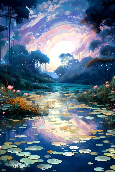 Landscape Simple, Digital Art Landscape, Love Wallpaper Download, Blue Magic, Night Forest, Landscape Paintings Acrylic, Lily Pond, Art Study, Wallpaper Download