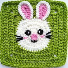 Bunny Crochet Granny Square, Rabbit Granny Square, Easter Granny Squares, Granny Square Bunny, Bunny Granny Square, Granny Square Pattern Free, Square Crochet Pattern, Crochet Placemat Patterns, Granny Square Pattern