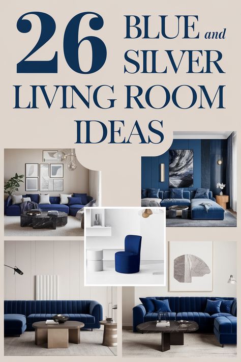 Blue and silver living room decor creates a sophisticated and calming ambiance. Explore 26 inspiring ideas that showcase the versatility of this color scheme. From sleek furniture to statement accents, these designs will help you create a space that's both stylish and inviting. Discover how to incorporate blue and silver into your living room for a truly unique look. Living Room With Blue Furniture, Blue Silver Living Room Decor, Blue White Decor Living Room, Blue And Silver Living Room, Elegant Living Room Decor Luxury, Royal Blue Living Room Decor, Silver Living Room Ideas, Grey And Blue Living Room, Navy Blue And Grey Living Room