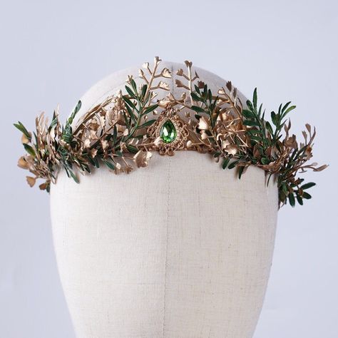 Gold Floral Wedding Crown, Fairy Crown, Elven Queen Woodland Headpiece, Elf Tiara, Flower Crown Girl, Handmade Headpiece, Elven Headband Fairy Wedding Tiara, Elven Crown Queens, Green Wedding Crown, Elven Wedding Crown, Forest Queen Crown, Elf Themed Wedding, Forest Crown King, Fairy Crown Aesthetic, Ren Faire Jewelry