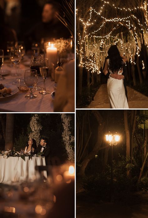 Nighttime romantic candle-lit wedding reception. Candle Lit Wedding Reception, Night Elopement, Lit Wedding, Botanica Wedding, Candle Lit Wedding, Romantic Candle, Romantic Candlelight, Money Dance, Tropical Foliage