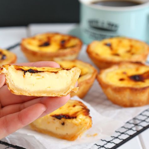 my bare cupboard: Portuguese egg tarts Egg Tart Recipe, Portuguese Tarts, Custard Tarts Recipe, Portuguese Egg Tart, Custard Cake Recipes, Chinese Dessert, Small Desserts, Egg Tart, Oatmeal Chocolate Chip Cookies