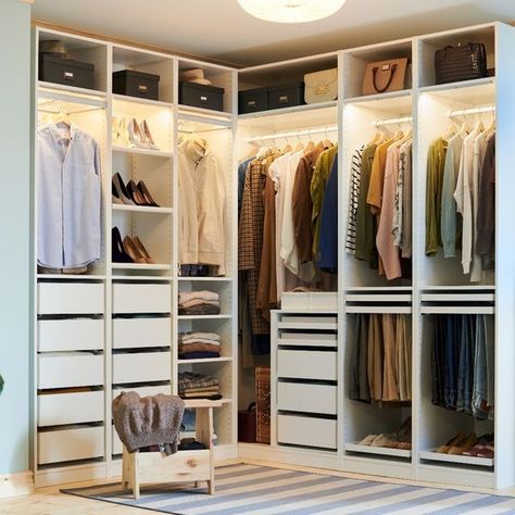 Ikea Fitted Wardrobes, Ikea Dressing Room, Walk In Closet Ikea, Open Dressing, Ikea Closet Hack, Dressing Ikea, Pax Closet, Ikea Pax Closet, Ikea Wardrobe