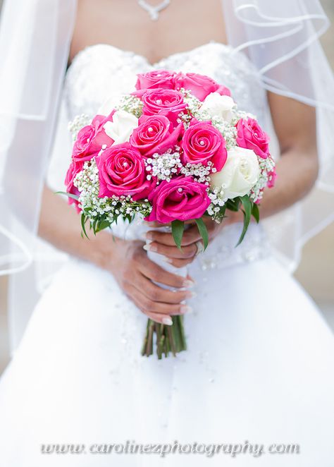 I Love the Boquet & wedding dress shot<3 Hot Pink Wedding Bouquet, Hot Pink Wedding Flowers, Wedding Decorations Diy Centerpiece, Small Bridal Bouquets, Prom Bouquet, Hot Pink Weddings, Rose Fushia, Bridal Bouquet Pink, Wedding Stage Design