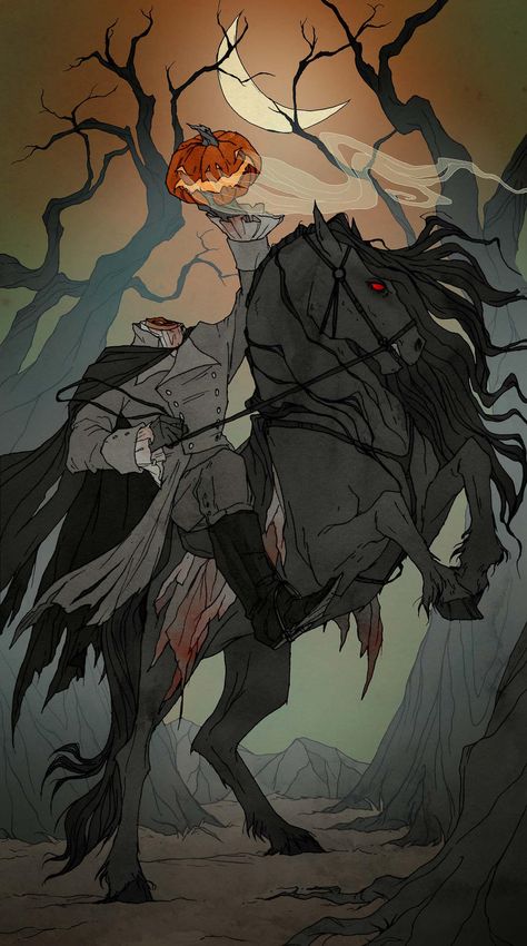 headless horseman art - Google Search Sleepy Hollow Headless Horseman, Abigail Larson, Vintage Halloween Cards, The Legend Of Sleepy Hollow, Legend Of Sleepy Hollow, Hollow Art, Headless Horseman, Creative Drawing Prompts, Horror Monsters