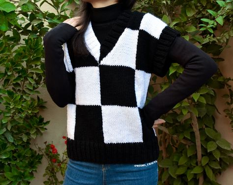 Wednesday Checkered Vest, Monochromatic Wardrobe, Comfort Shawl, Checkered Vest, Checker Vest, White Patches, Knitting Needles Sizes, Vest Pattern, Circular Knitting Needles