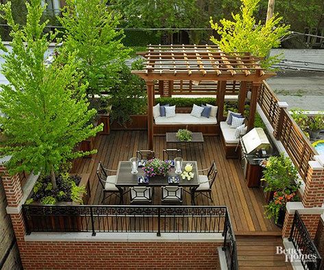 Accessible from the home's kitchen, this garage-top roof deck was designed with entertaining in mind. A dining table seats six with ease, while a built-in grill and cabinets for storing table-service items reduce trips into the house. Large trees break up views of power lines and an alley. Roof Terrace Design, Rooftop Patio Design, Roof Garden Design, Urban Garden Design, Terrace Garden Design, Outdoor Terrace, Rooftop Terrace Design, Rooftop Design, Pergola Design