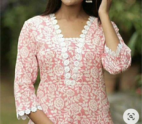 Crotia Lace Kurti, Nack Design For Kurti With Lace, Neckline With Lace For Kurtis, Kurti Less Designs Latest, Cotton Suit Neck And Sleeves Design, Plain Suit Designs Indian With Lace, Hakoba Kurti Designs Latest, Kurtis With Lace Pattern, Cotton Suits Neck Design Latest