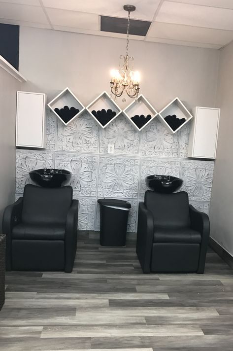 Salon Wash Area – Photo Contest Black Wall Hair Salon, Black White Grey Hair Salon Decor, Salon Wash Station Ideas Modern, Barber And Salon Ideas, Hair Salon Washing Station Ideas, Industrial Hair Salon Ideas, Booth Rental Ideas Salon Decor, Barbershop And Salon Design, Loc Salon Ideas