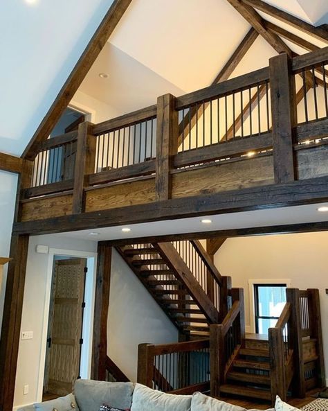 Rustic Railings For Stairs, Loft Railing Ideas Rustic, Rustic Staircase Farmhouse Style, Rustic Stair Railing Ideas, Cabin Stairs, Loft Railing, Wood Stair Treads, Rustic Staircase, Interior Stair Railing