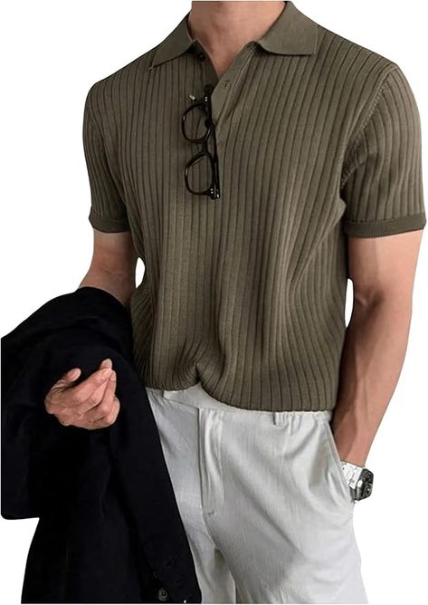 College Outfits Men, Polo Shirt Outfits, Polo Shirt Colors, Green Polo Shirts, Rose Shirts, Ribbed Shorts, Striped Short, Mens Casual Outfits, Short Sleeve Polo