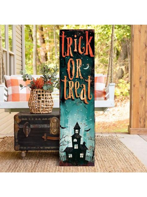 Welcome the spooky season with the 36in Trick or Treat Porch Sign, a perfect blend of vintage charm and modern farmhouse decor. This front porch Halloween welcome sign adds a festive touch to your home, making it ideal for greeting guests and trick-or-treaters. Crafted from high-quality wood, this durable sign is designed to withstand various weather conditions, ensuring it remains a standout piece year after year. The vibrant colors and classic "Trick or Treat" design capture the essence of Hal Front Porch Halloween, Halloween Welcome Sign, Porch Halloween, Halloween Yard Signs, Halloween Porch Sign, Halloween Wood Signs, Outdoor Welcome Sign, Halloween Wood Crafts, Front Porch Signs