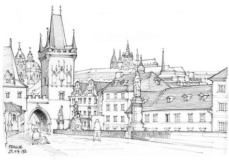 Prague, Pont Charles 1992 | Flickr - Photo Sharing! Bridge Ink Drawing, Prague Sketch, Prague Watercolor Paintings, Prague Charles Bridge, Wenceslas Square Prague, Famous Architecture, City Sketch, Urban Sketches, City Drawing