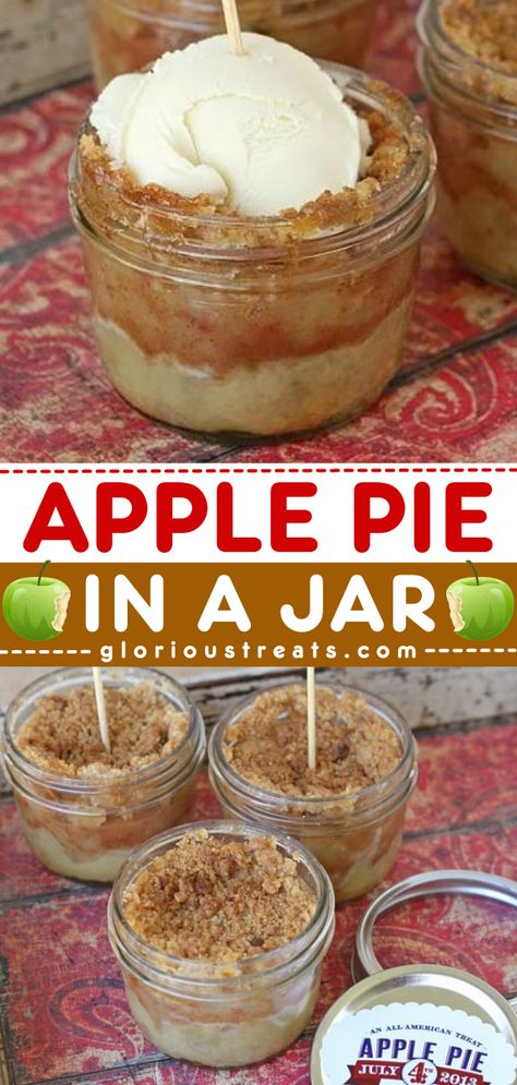 Looking for an easy fall recipe? These Apple Pies in a Jar are classic little pies that start with a buttery pastry crust packed with cinnamon apples and crumb topping. Add this recipe to your simple Fall food ideas! Apple Pie Jar Desserts, Apple Crisp Mason Jar Desserts, Apple Crumble In A Jar, Mason Jar Pumpkin Pie, Apple Pie Cups Recipe, Mason Jar Apple Pie, Pies In A Jar Recipes, Apple Pie Mason Jar Recipe, Apple Pie Inspired Desserts