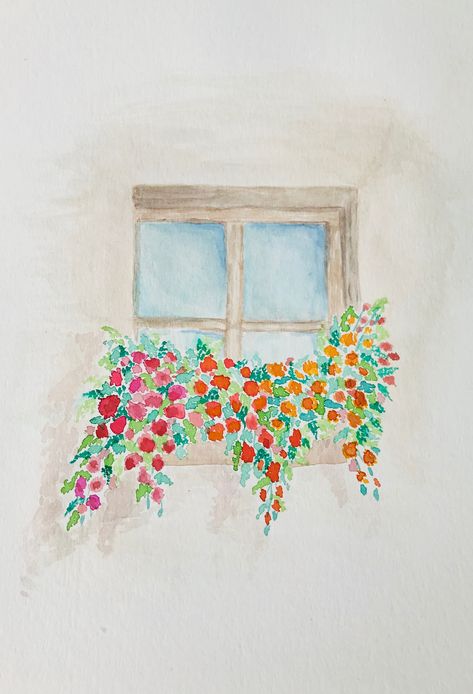 Easy Quick Watercolor Painting, Watercolor Inspo Aesthetic Easy, Window Watercolor Painting Easy, Painted Flowers Watercolor, Watercolour Window Painting, Watercolor Flower Drawings, Things To Watercolor For Beginners, Flower Window Drawing, Window And Flowers Painting