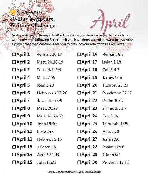 April's 30-Day Scripture Writing Challenge - Inside BST Monthly Bible Verses, Writing Scripture, Bible Marriage, Gods Wisdom, Scripture Plans, Reminders From God, April Holidays, Scripture Notes, 30 Day Writing Challenge