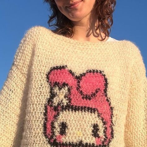 Hello Kitty Crochet Clothes, Pixel Grid Crochet Sweater, Crochet Hello Kitty Sweater, Pixel Crochet Sweater, How To Make A Crochet Sweater, How To Crochet A Sweater For Beginners, Crochet Baggy Sweater, Crochet Striped Sweater, Grandma Activities