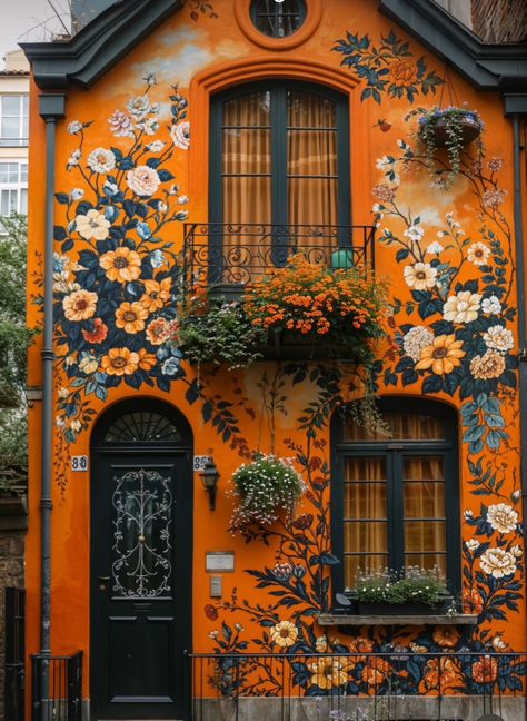 Funky Houses Exterior, Unique House Colors Exterior, Eclectic House Exterior, Colorful Home Exterior, Orange House Exterior, Blue Exterior House Colors, Vintage Boho Bedroom, Academia House, Mexico House