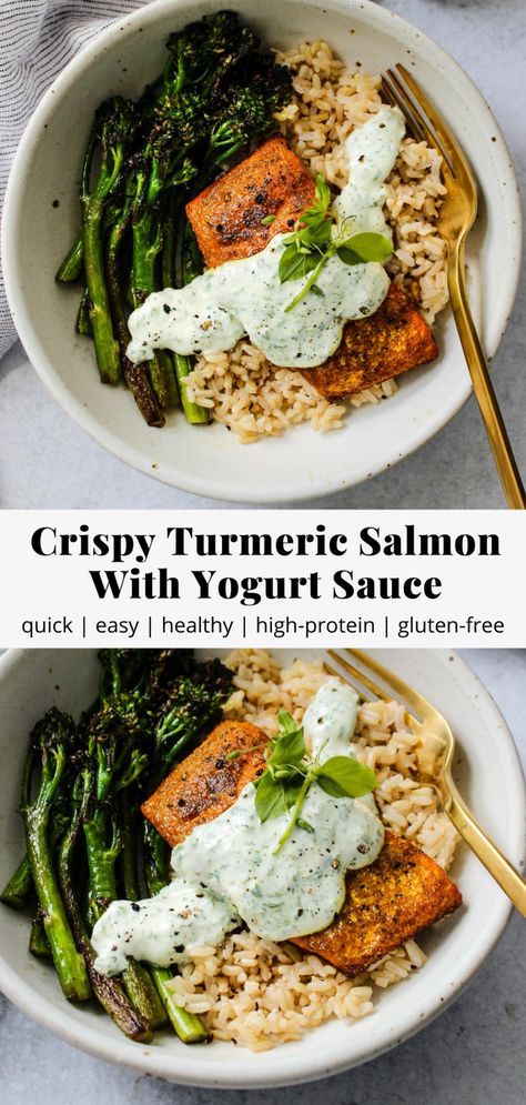 Greek Salmon Bowl, High Protein Salmon Dinner, High Protein Salmon Recipes, High Protein Fish Recipes, Turmeric Salmon Recipe, High Protein Pescatarian Recipes, Greek Yogurt Salmon, Healthy Pescatarian Meals, Salmon Sides Dishes