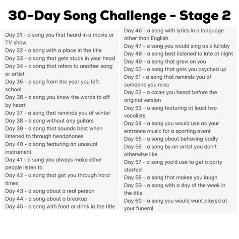 2020 minus 51: The second 30-Day Song Challenge | budgie's perch Playlist Prompts, Song Games, Music Questions, September Music, 30 Day Music Challenge, Music Challenge, 30 Day Song Challenge, Don Mclean, Music Journal