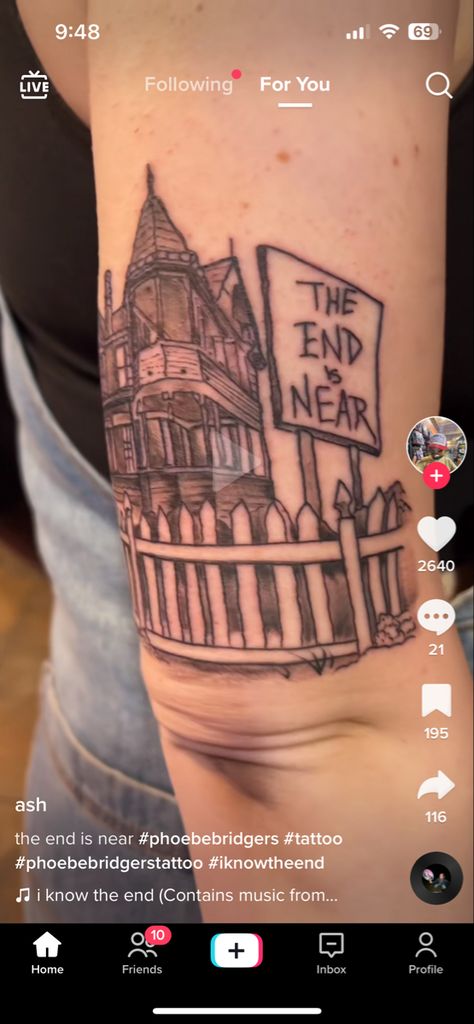 Haunted House With A Picket Fence Tattoo, Picket Fence Tattoo, The End Is Near Tattoo, I Know The End Tattoo, Fence Tattoo, Haunted House Tattoo, Music Sleeve, Home Tattoo, Picket Fence