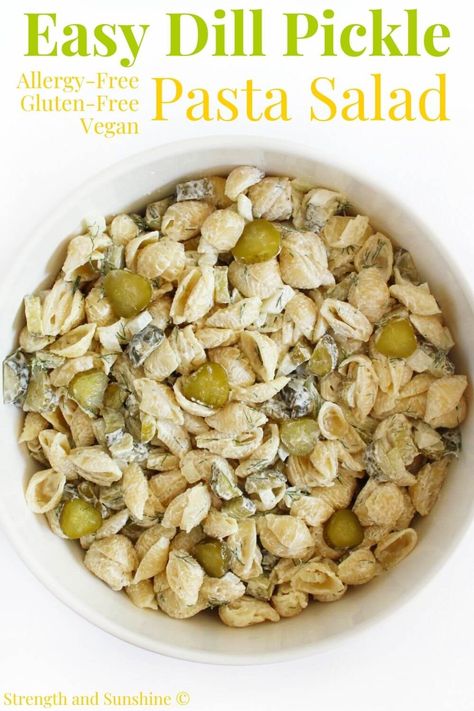 Dill Pickle Pasta Salad (Gluten-Free, Vegan) | Strength and Sunshine | This easy Dill Pickle Pasta Salad is a must for all pickle lovers! Gluten-free and vegan, this pickle pasta salad is cool, creamy, tangy, and salty with the perfect amount of real pickle crunch and fresh herby dill! This healthier allergy-free side dish recipe is just 7 ingredients, perfect for potlucks, cookouts, BBQs, and quick weekly meal prep! Vegan Dill Pickle Pasta Salad, Dill Pickle Nuts Recipe, Gluten Free Pasta Salad Recipes, Pickle Pasta Salad, Pickle Pasta, Pickle Wraps, Dill Pickle Pasta Salad, Gluten Free Pasta Salad, Dairy Free Pasta