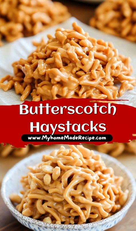 Butterscotch Haystacks
Quick, no-bake treats combining butterscotch chips, peanut butter, and crunchy noodles into sweet and salty stacks. Perfect for holidays or anytime snacking!

Ingredients
• 11 oz butterscotch chips
• 1/2 cup creamy peanut butter
• 12 oz fried chow mein noodles

#ButterscotchHaystacks #NoBakeTreats #EasyDesserts #SweetAndSalty #HolidayRecipes #PartyFood #SimpleSnacks #VegetarianFriendly #QuickTreats Peanut Butter Chow Mein Noodles, Butterscotch Nests Chow Mein, Peanut Haystacks Recipe, Butterscotch Noodles Chow Mein, Chow Mein Haystacks, Chow Mein Butterscotch Haystack Cookies, Butterscotch Morsels Recipes, Butterscotch Haystacks Recipe, Peanut Butter Haystacks Recipe Chow Mein