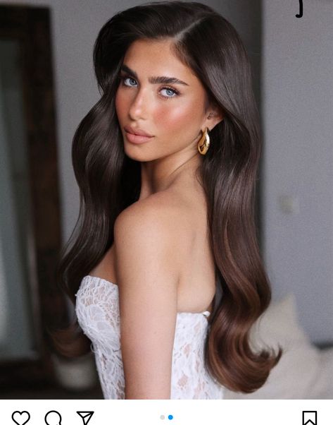 Long Brown Wedding Hairstyle, Brunette Hairstyles Wedding, Wedding Hair Highlights, Bride Hair Half Up Half Down Brunette, Long Glamour Hair, Engagement Shoot Hair And Makeup, Bridesmaid Hair Down Brunette, Bridal Hair With High Neckline Dress, Blowout Hairstyles Wedding