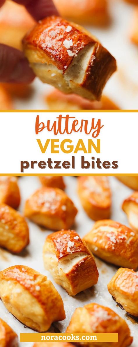 With only 6 ingredients, you will have soft, buttery pretzels at home in just 30 minutes. Perfect for parties or game day, these little pretzel bites are soft, chewy, salty and are begging to be dipped in cheese sauce! The dough doesn’t need any rise time and it won’t stick to your hands. Vegan Pretzel Bites, Nora Cooks Vegan, Vegan Wings, Nora Cooks, Cinnamon Sugar Pretzels, Vegan Bread Recipe, Pretzel Dough, Baking Soda Bath, Gluten Free Pretzels