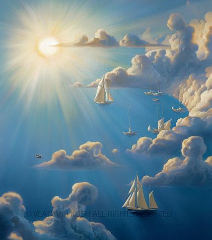 Heavenly Harbour by Vladimir Kush Sublimation on Metal - Signed and numbered  22" x 17.5" The Longworth Gallery Surreal Artwork, Magic Realism, Surrealism Painting, Tableau Art, Illusion Art, Pop Surrealism, Visionary Art, Surreal Art, Dali