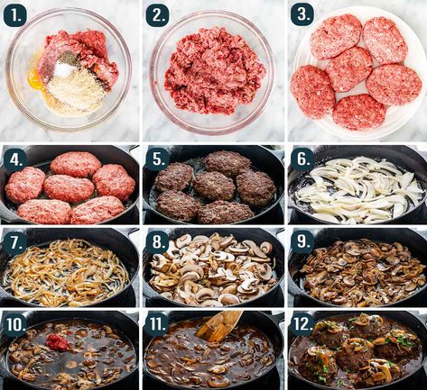 process shots showing how to make salisbury steak Turkey Salisbury Steak, Salisbury Steak With Mushroom Gravy, Steak With Mushroom Gravy, Homemade Salisbury Steak, Salisbury Steak Recipe, Salisbury Steak Recipes, Dinner Rotation, Weekly Dinner, Easy Steak Recipes