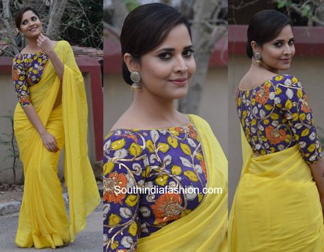 Anasuya Bharadwaj in Teja Sarees Deep Neck Blouse Designs, Western Blouse Designs, Deep Neck Blouse, Teja Sarees, Kalamkari Blouse Designs, Blouses Pattern, Neck Blouse Designs, Anasuya Bharadwaj, Kalamkari Blouse