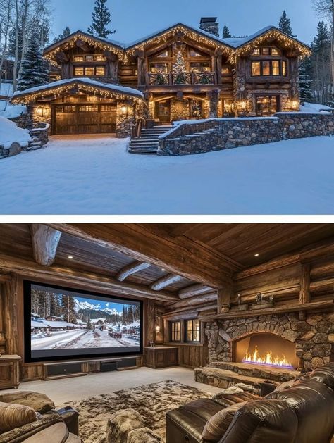 Cabin Mansion Exterior, Modern Log Cabins Exterior, Winter Mansion, Luxury Log Homes, Survival Vehicle, Log Cabin Mansions, Dream House In The Woods, Dream House Pictures, Log Homes For Sale