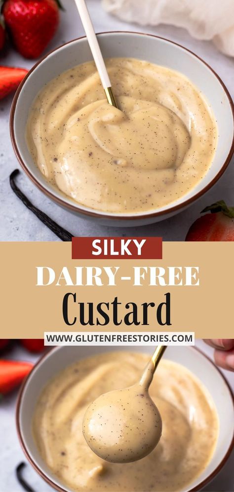 two photos showing a bowl with creamy dairy-free custard Dairy Free Custard, How To Make Custard, Easy Custard, Lactose Intolerance, Gluten Free Egg Free, Custard Recipes, Dessert Options, Indulgent Desserts, Vegan Condiments