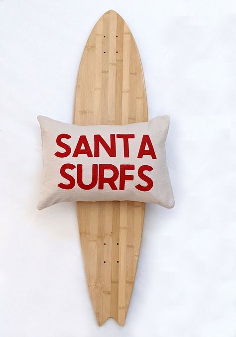 Surf Pillow, California Christmas, Surfing Santa, Boho Christmas Decor, Nautical Crafts, Beachy Christmas, Nautical Christmas, Beach Pillows, Santa Decorations