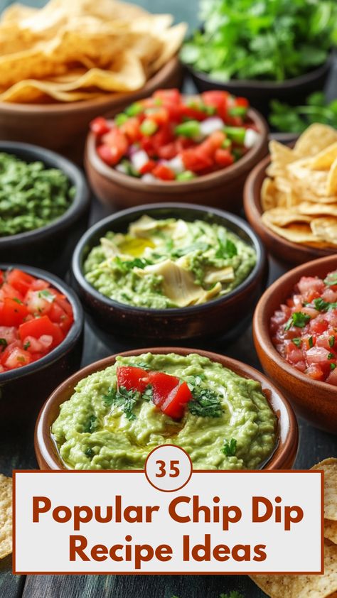 An assortment of popular chip dips including guacamole, spinach artichoke dip, and salsa, displayed in bowls on a table. Chips And Dip Charcuterie Board, Tortilla Chip Dip, Best Party Dips, Homemade Chip Dip, Dip And Chips, Chip Dip Recipe, Easy Chip Dip, Creamy Spinach Artichoke Dip, Sweet Appetizers