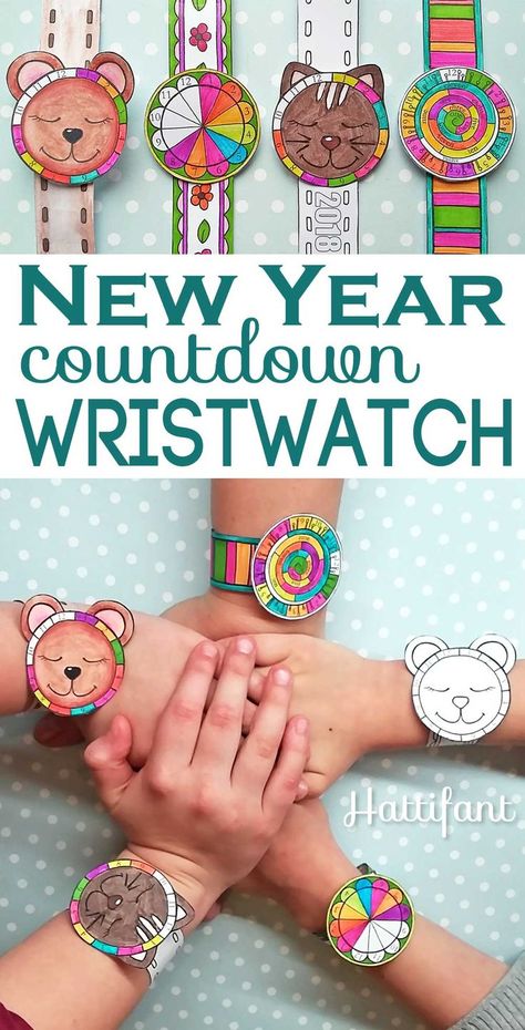 The cutest New Year Countdown Papercraft EVER! Download Hattifant's New Year Countdown Wristwatch Printables and get your kids busy crafting! New Year Math Activities For Kids, Happy New Year Activities For Kids, Watch Craft, New Year's Eve Crafts, New Year Countdown, New Year's Eve Countdown, Steam Lessons, Kids New Years Eve, New Year's Eve Activities