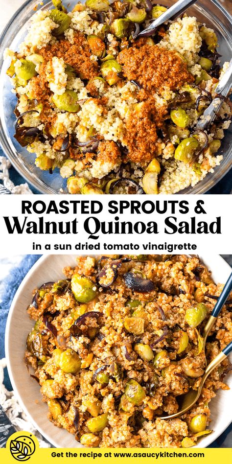 Sun Dried Tomato Vinaigrette, Delicious Healthy Salads, Tomato Vinaigrette, Fluffy Quinoa, Roasted Sprouts, Healthy Potato Recipes, Vegan Salads, Seasonal Salad, Roasted Brussels Sprouts