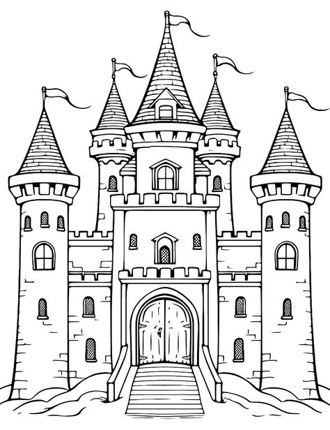 Castles Drawing Sketches, Castle Coloring Pages Free Printable, Cute Castle Drawing, Fantasy Castle Drawing Easy, How To Draw A Castle, Castle Drawing For Kids, Castle Drawing Sketches, Castles Drawing, Drawing A Castle