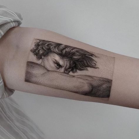 Fallen Angel Tattoo, Italian Tattoos, Portrait Tattoos, Knight Tattoo, Greek Mythology Tattoos, Clever Tattoos, Angel Tattoo Designs, Creepy Tattoos, Neck Tattoos