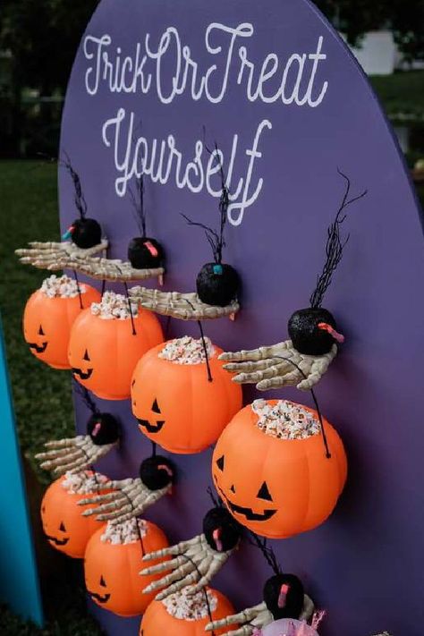 Check out this creepy Halloween Soiree! The 'trick or treat' wall is such a cool idea! See more party ideas and share yours at CatchMyParty.com Halloween Event Decorations, Halloween Diy Party Favors, Halloween 1 Birthday Party, Treat Or Trick Ideas, Halloween Trick Or Treat Stations, Cool Trick Or Treat Ideas, Backyard Halloween Party Decor, Tent Or Treat Decorating Ideas, Halloween Party Trick Or Treat Stations