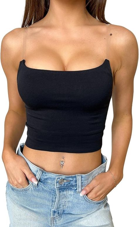 Women's Crop Tops Low Cut Sleeveless Backless Spaghetti Strap Tank Top Basic Clear Bra Strap Camisole at Amazon Women’s Clothing store Clear Strap Bra, School Outfit Women, Y2k Crop Top, Tanks Tops, Middle Age Fashion, Womens Camisoles, Summer Streetwear, Spaghetti Strap Tank Top, Solid Clothes