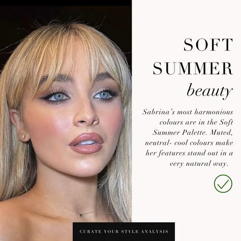 What are your thoughts on Sabrina with deep and soft makeup looks? Whilst she looks divine, in softer makeup colours her beauty shines even more 🤍⁠ ⁠ #coloranalysis #colouranalysis #coloranalyst #winterpalette #summerpalette #softsummer Make Up For Soft Summer Type, Soft Summer Eye Makeup, Light Spring Makeup Look, Cool Summer Makeup Looks, Soft Summer Eyeshadow, Soft Summer Makeup Looks, Cool Summer Makeup, Soft Summer Deep, Light Summer Makeup