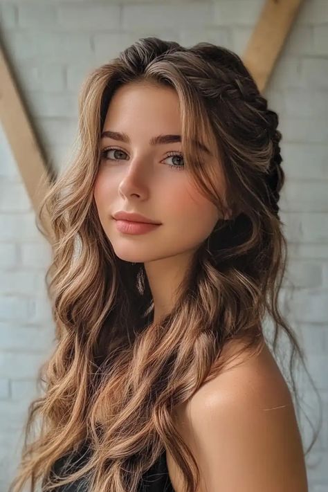 Young woman with long, wavy hair and a serene expression, posing against a light brick wall backdrop. Elegant Curled Hair, Party Hairdo, Cascading Curls, Elf Hair, Hairstyles Elegant, Side Swept Curls, 1940s Hairstyles, Birthday Hairstyles, Romantic Updo