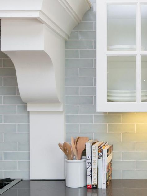 Light Blue Backsplash, Blue Subway Tile, Subway Tile Backsplash Kitchen, White Kitchen Backsplash, Grey Backsplash, Blue Backsplash, Subway Tile Kitchen, Subway Tiles, White Cabinetry