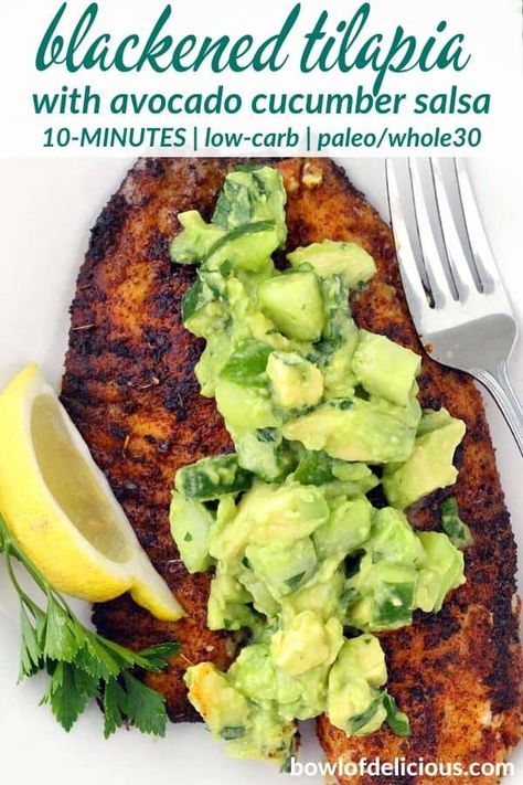 Tilapia Fish Recipes, Blackened Tilapia, Cucumber Salsa, Fish Recipes Baked, Avocado Cucumber, Tilapia Recipes, Fish Recipes Healthy, Fish Dinner, Healthy Fish