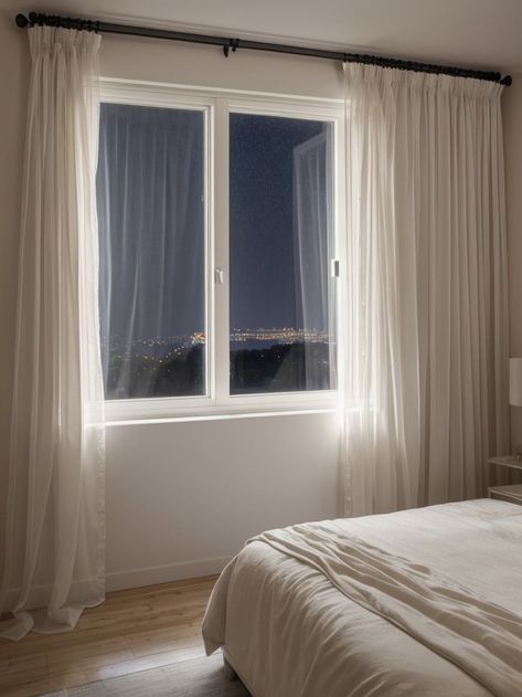 Create a nighttime aesthetic in your bedroom by hanging sheer curtains that billow gently in the breeze. Pair it with LED strip lights around the window frame for a soft, dreamy glow that transforms your space into a magical sanctuary. Bedroom Window Ideas, Nighttime Aesthetic, Strip Curtains, Soft Bedroom, Window Ideas, Bedroom Window, Led Strip Lights, Bedroom Windows, Strip Lights