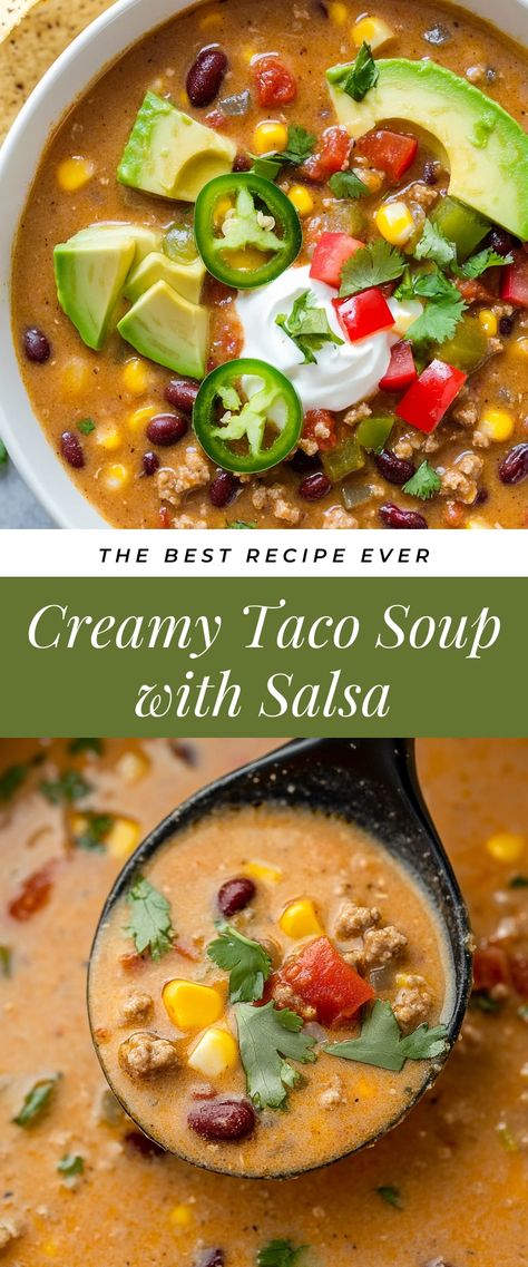 Image for Creamy Taco Soup with Salsa Taco Soup With Salsa, Chili With Salsa, Soup With Salsa, Healthy Taco Soup, Creamy Taco Soup, Salsa Soup, Spicy Soup Recipes, Cream Cheese Enchiladas, Taco Chili