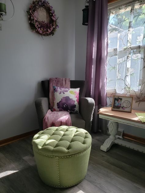 Sage Green And Purple Living Room Decor, Green Purple Room Ideas, Pink Purple And Green Bedroom, Plum And Sage Bedroom, Purple Green Office, Living Room Purple Accents, Sage Green And Purple Living Room, Purple And Green Living Room Ideas, Purple Green Room Aesthetic